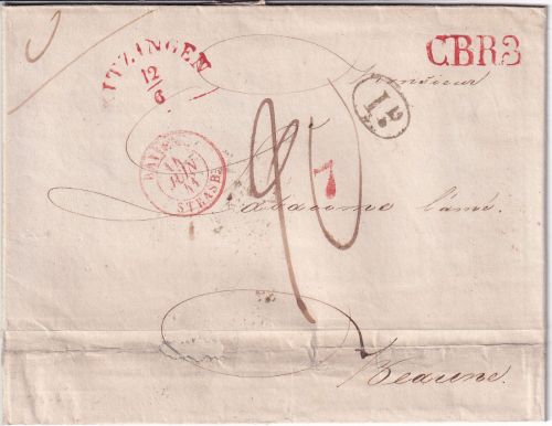 Bayern/Frankreich - Kitzingen 12/6 roter HKS Portobrief n. Beaume 1844
