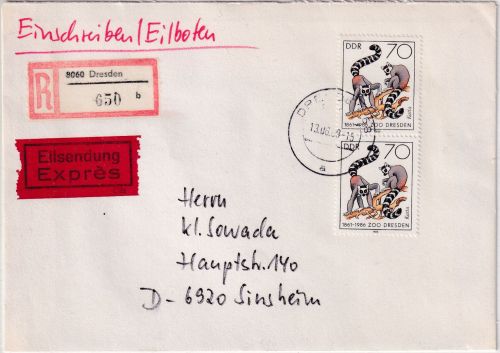 DDR - 2x70 Pfg. Zoo Dresden Eil-Einschreibebrief Dresden - Sinsheim 13.6.89