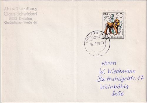 DDR - 50 Pfg. Zoo Dresden Brief Dresden - Weinböhla 2.7.90