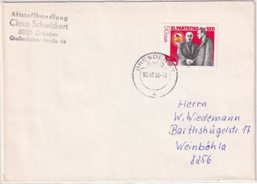 DDR - 50 Pfg. XI. SED-Parteitag Brief Dresden - Weinböhla 2.7.90