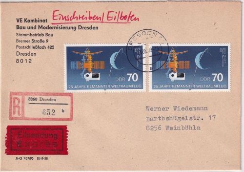 DDR - 2x70 Pfg. Weltraumflug Eil-Einschreibebrief Dresden - Weinböhla 13.6.89