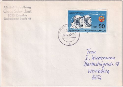 DDR - 50 Pfg. Weltraumflug Brief Dresden - Weinböhla 2.7.90