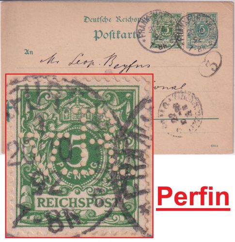 DR - 5 Pfg. K/A Perfin "vR" a. 5 Pfg. Ganzsache n. ITALIEN Frankfurt a/M 1892