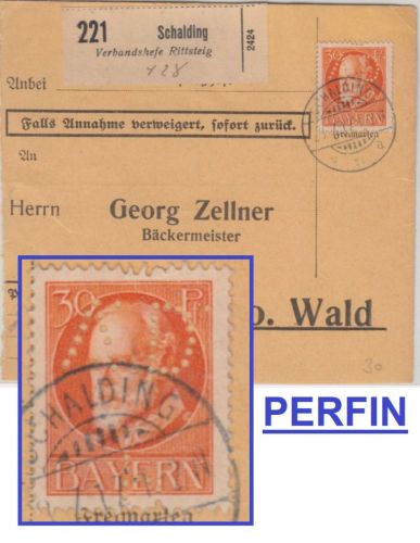 Bayern - 30 Pfg. Ludwig Perfin "VDP" Paketkarte/Selbstbucher Schalding 1917
