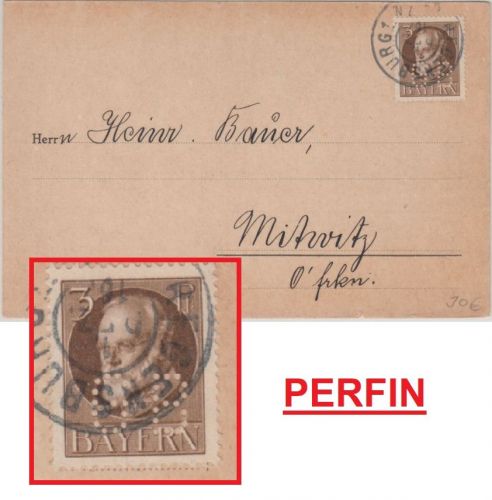 Bayern - 3 Pfg. Ludwig Perfin "GB" Drucksachenkarte Regensburg - Mitwitz 1916