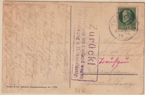 Bayern - 7 1/2 Pfg. Ludwig Karte i.d. SCHWEIZ Trauchgau 1917 Retour/Zensur