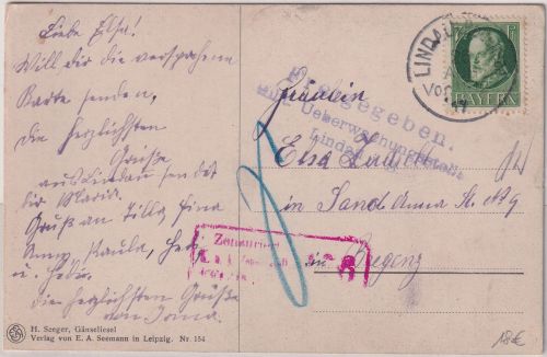 Bayern - 7 1/2 Pfg. Ludwig Zensurkarte n. ÖSTERREICH Lindau 1917 Doppelzensur