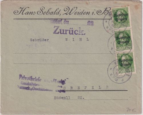 Bayern - Rheinlandbesetzung Zensurbrief Weiden - Crefeld 1919 "Zurück" !