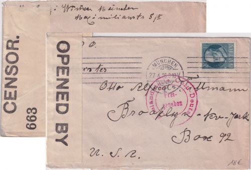 Bayern - 20 Pfg. Ludwig Zensurbrief n. USA München - Brooklyn 1916