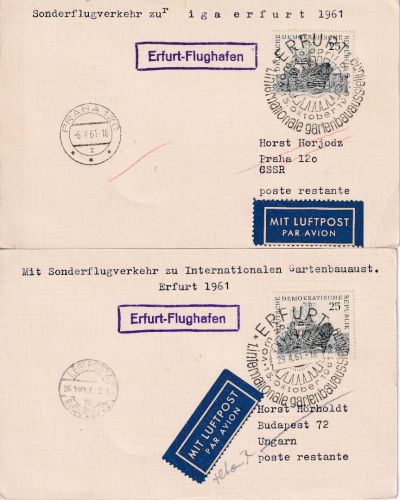 DDR - Erfurt 1961 2 Sonderflug-Postkarte n. CSSR/UNGARN IGA Erfurt 1961