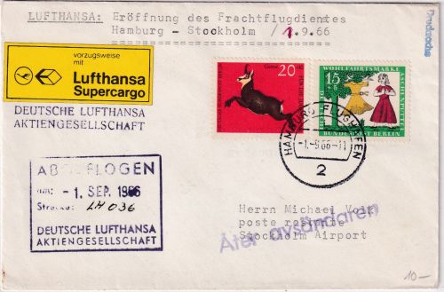 BRD - Lufthansa Supercargo 1st-Flug Frachtflugdienst Hamburg - Stockholm 1.9.66