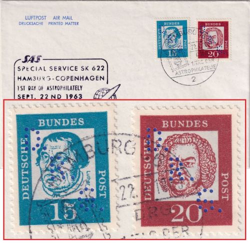 BRD - 15+20 Pfg. Bed. Deutsche Perfin "DRG" SAS-Sonderflug Hamburg 1963