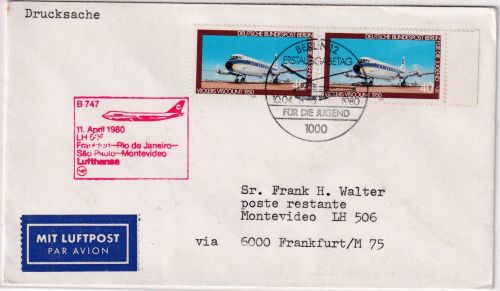 Berlin - 2x40 Pfg. Jugend FDC LH-Erstflug n. URUGUAY ESST Berlin 10.4.80