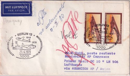 Berlin - 2x40 Pfg. Jugend/Vampyr Zuleitungspost LH-Erstflug n. URUGUAY 1979