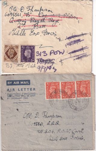 England - Sandhurst 1943 2 Luftpostbriefe an POW-Camp MEF