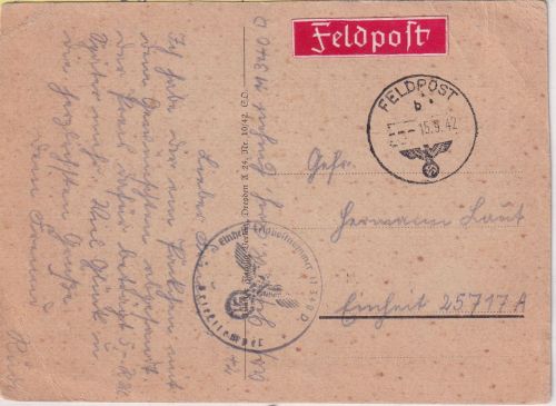 DR - Fp.Nr. 11340D 15.9.42 Feldpostkarte/Querverbindung an Fp.Nr. 25717A