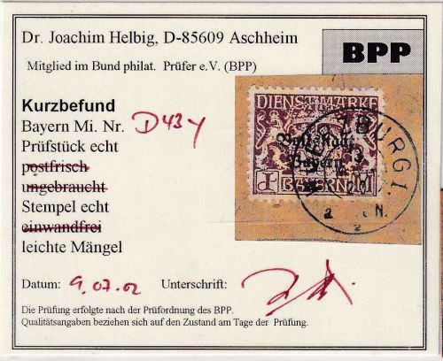 Bayern - 1 M. Dienst Staatswappen/Volksstaat weißes Papier Briefstück 1920 gepr.