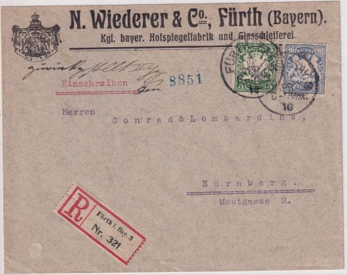 Bayern - 20+5 Pfg Wappen Einschreibebrief/Nachbarortsverkehr Fürth Nürnberg 1910