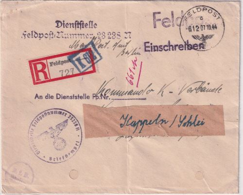 DR - Fp.Nr. 23238 (Norwegen) 7.10.44 Feldpost-Einschreibebrief n. Kappeln