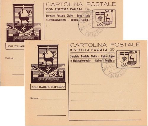 Dt. Besetzung Rhodos - 30/30 Cent Ganzsache/Doppelkarte blanko gestpl. 1944