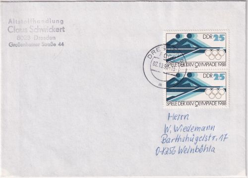 DDR - 2x25 Pfg Olympiade Seoul Brief Dresden - Weinböhla 2.10.90