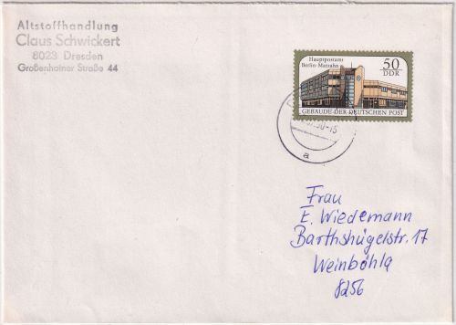 DDR - 50 Pfg. Postamt Marzahn Brief Dresden - Weinböhla 2.7.90