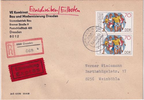 DDR - 2x70 Pfg. Spartakiade Leipzig Eil-Einschreibebrief Dresden 13.6.89