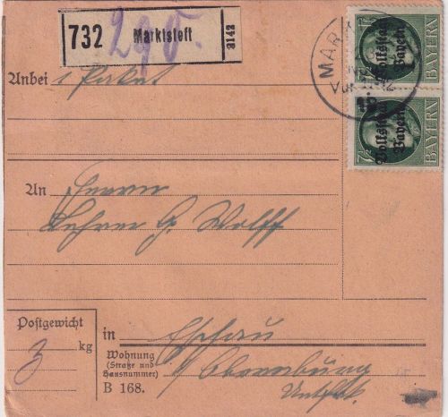 Bayern - 10x7 1/2 Pfg. Ludwig/Volksstaat Paketkarte Marktsteft 1919