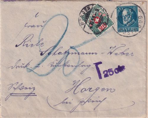 Bayern - 20 Pfg. Ludwig Brief i.d. SCHWEIZ Garmisch - Horgen 1919 Nachporto
