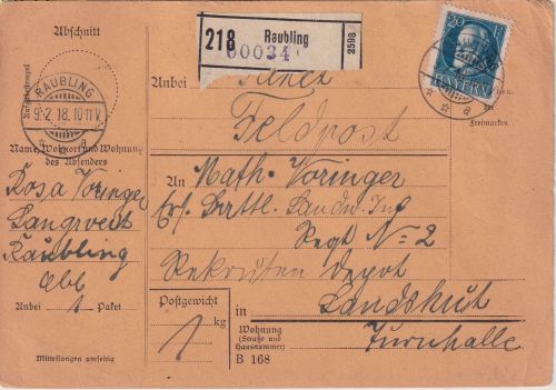 Bayern - 20 Pfg. Ludwig Soldaten-Paketkarte/Sondertarif Raubling - Landshut 1918