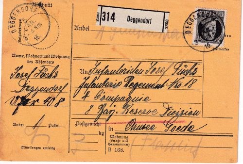 Bayern - 25 Pfg. LudwigSoldatenpaketkarte Deggendorf - Armeeabt. Gaede 1916