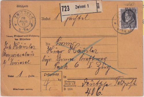 Bayern - 25 Pfg. Ludwig Soldatenpaketkarte Zwiesel - Dt. Feldpost No.406 28.8.17