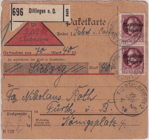 Bayern - 2x75 Pfg. Ludwig/Volksstaat Nachnahme-Paketkarte Dillingen - Fürth 1919