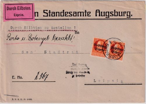 Bayern - 2x35 Pfg. Ludwig/Volksstaat Eilbrief Augsburg - Leipzig 1920