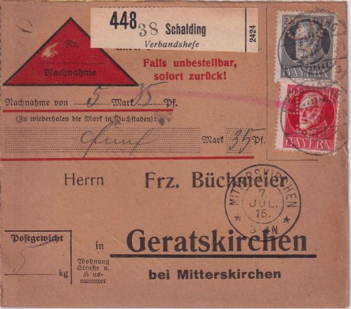 Bayern - 10+25 Pfg. Ludwig Perfin "VDP" Nachnahme-Paketkarte Schalding 1916