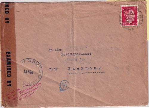 DR - Stuttgart 9 17.4.45 Brief n. Backnang Überroller US-Zensur 15706