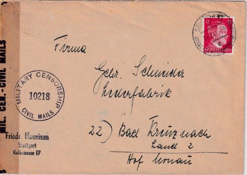 DR - Stuttgart 9 17.2.45 Brief n. Bad Kreuznach Land Überroller US-Zensur 10218