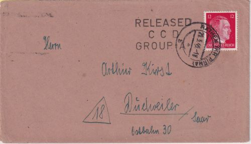 DR - Rathen (Kr. Pirna) 20.3.45 Brief n. Dudweiler Überroller US-Zensur