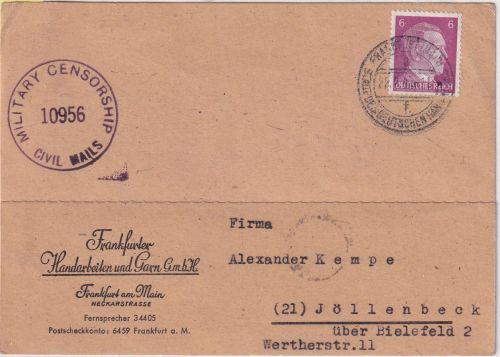 DR - Frankfurt a/M 2 22.2.45 Karte n. Jöllenbeck Überroller US-Zensur 10956