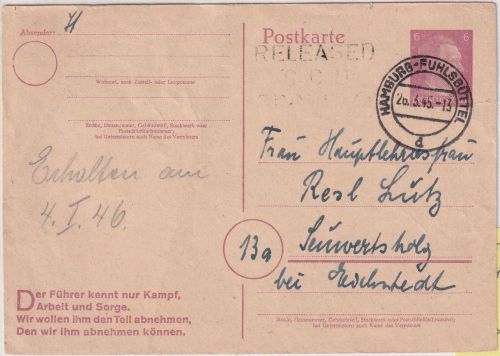 DR - Hamburg-Fuhlsbüttel 26.3.45 Ganzsache n. Seuversholz/Eichstätt US-Zensur
