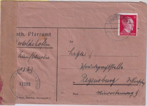 DR - Kaufbeuren 7.4.45 Brief n. Regensburg Überroller US-Zensur 11203