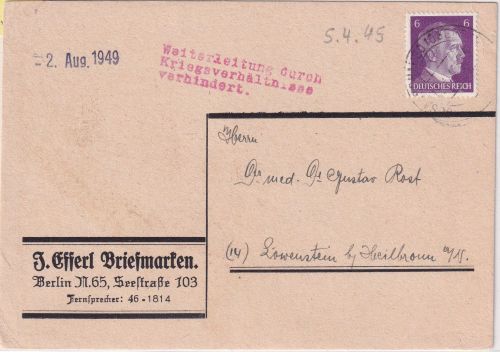 DR - Gosau 5.4.45 Retourkarte n. Löwenstein Hinweis-L3 "Kriegsverhältnisse"