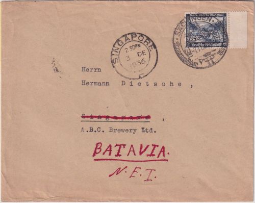 DR - 25 Pfg. WHW/Brücke Brief n. NIEDERL. INDIEN Säckingen - Batavia 1936