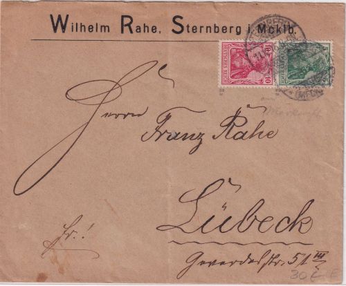 DR - Germania Zusammendruck 5+10 S4IIa Brief Sternberg - Lübeck 1916