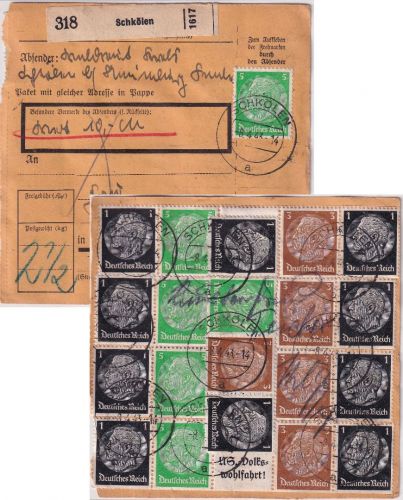 DR - Hindenburg 4x Einheitgeberstreifen u.a. Wertpaketkarte Schkölen 1943
