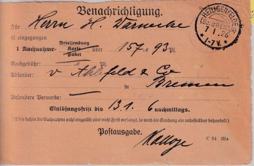 DR - Heiligenfelde (Bz. Bremen) 7.1.26 KOS Benachrichtigung f. Nachnahmesendung