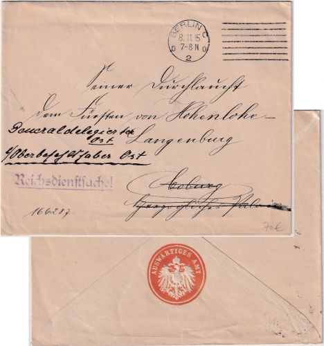 DR - Berlin C2 1915 Reichsdienstsache (Auswärtiges Amt) Brief n. Coburg Nachsdg.