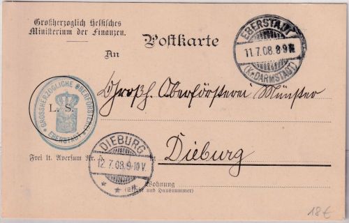 DR - Eberstadt 1908 Frei lt. Avers No.5 (Finanzministerium) Karte n. Dieburg