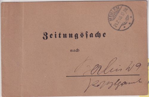 DR - Mehlheim 1908 Zeitungssache/Postkarte n. Berlin