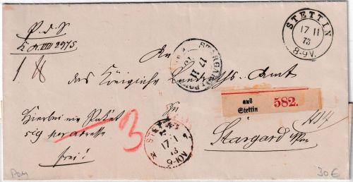 DR - Stettin 1873 Francostempel u. K2 Paketbegleitbrief n. Stargard